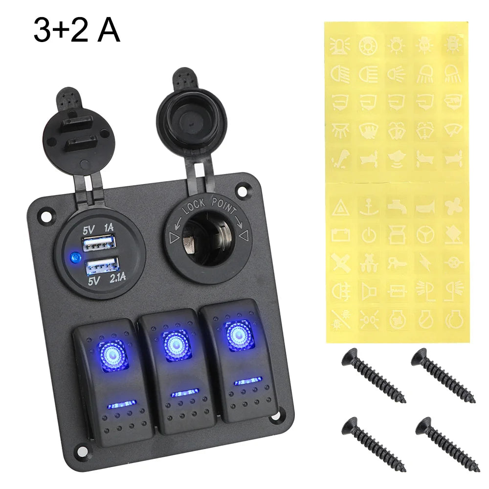 12V 24V Car Switch Panel 2/3 Gang Waterproof Light Toggle Control Digital Voltmeter Dual USB Chargers Ports Outlet Combination