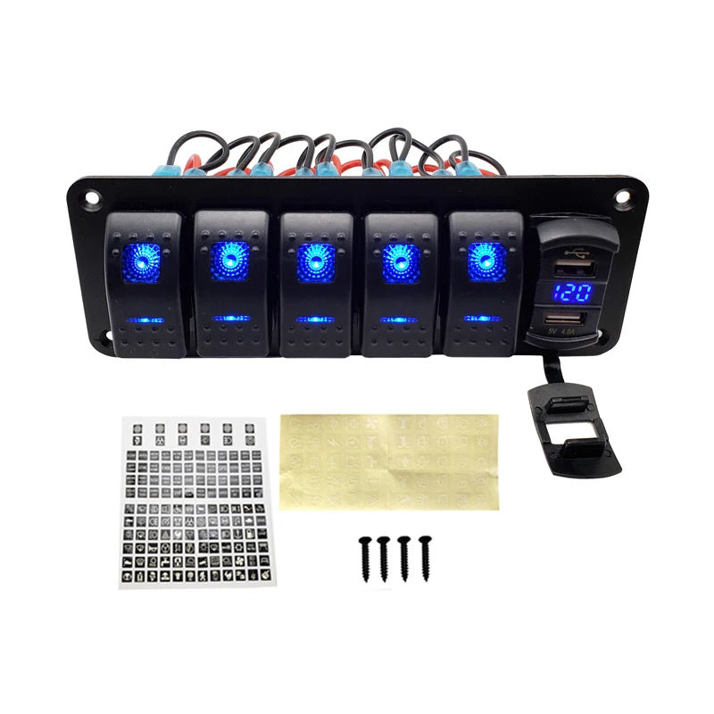 Rocker Switch Panel With Digital Voltmeter Dual USB Port 12V Outlet for 4x4, Camper, Caravan and Boats.