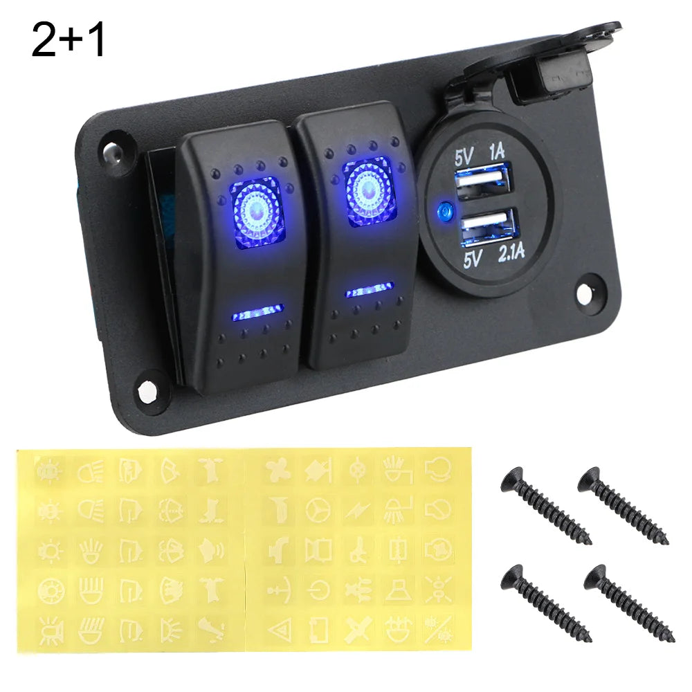 12V 24V Car Switch Panel 2/3 Gang Waterproof Light Toggle Control Digital Voltmeter Dual USB Chargers Ports Outlet Combination