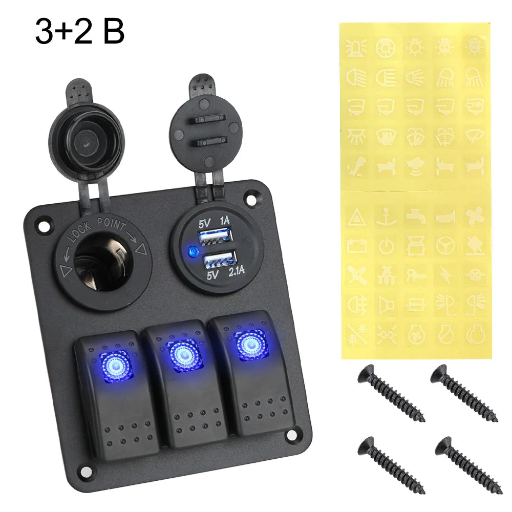 12V 24V Car Switch Panel 2/3 Gang Waterproof Light Toggle Control Digital Voltmeter Dual USB Chargers Ports Outlet Combination