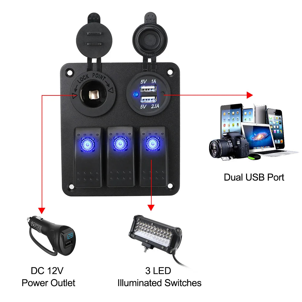 12V 24V Car Switch Panel 2/3 Gang Waterproof Light Toggle Control Digital Voltmeter Dual USB Chargers Ports Outlet Combination