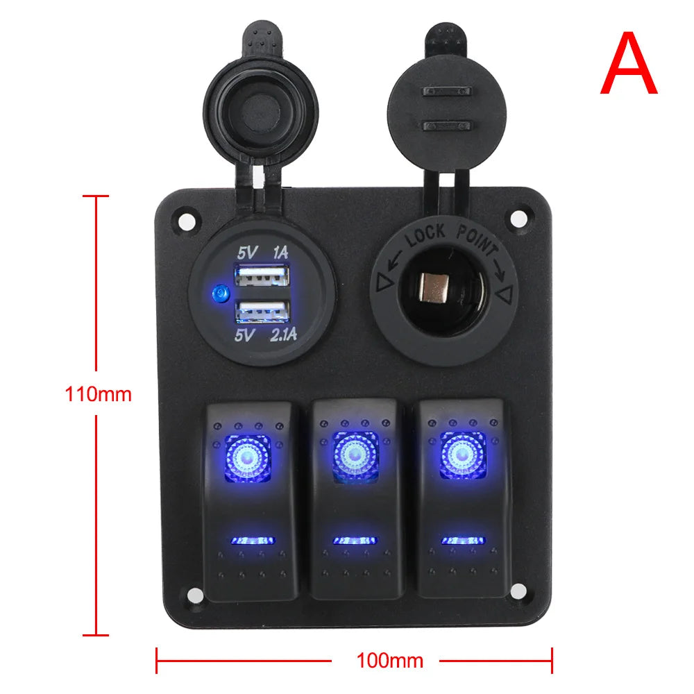 12V 24V Car Switch Panel 2/3 Gang Waterproof Light Toggle Control Digital Voltmeter Dual USB Chargers Ports Outlet Combination