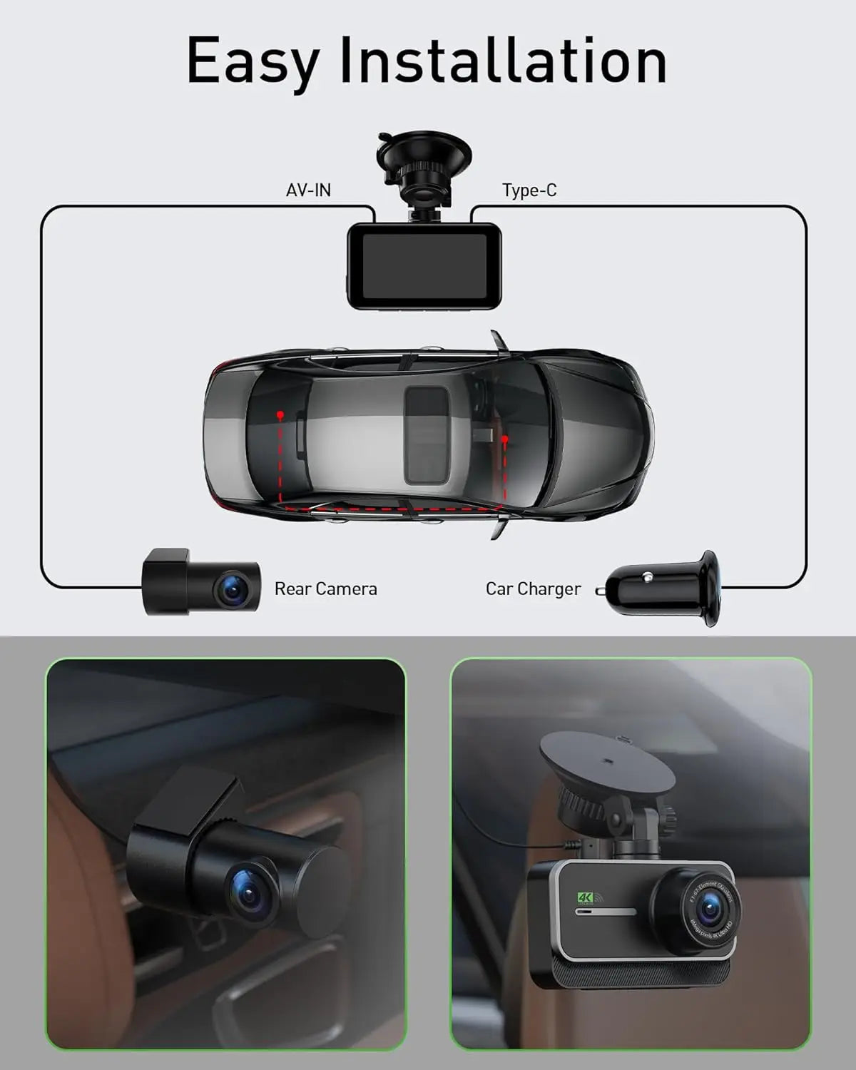 Dash Cam for Cars Car Camera Dash Cam 4K WIFI Camera for Car Front and Rear Dash Camera Black Box 24H Parking Mode Recorder