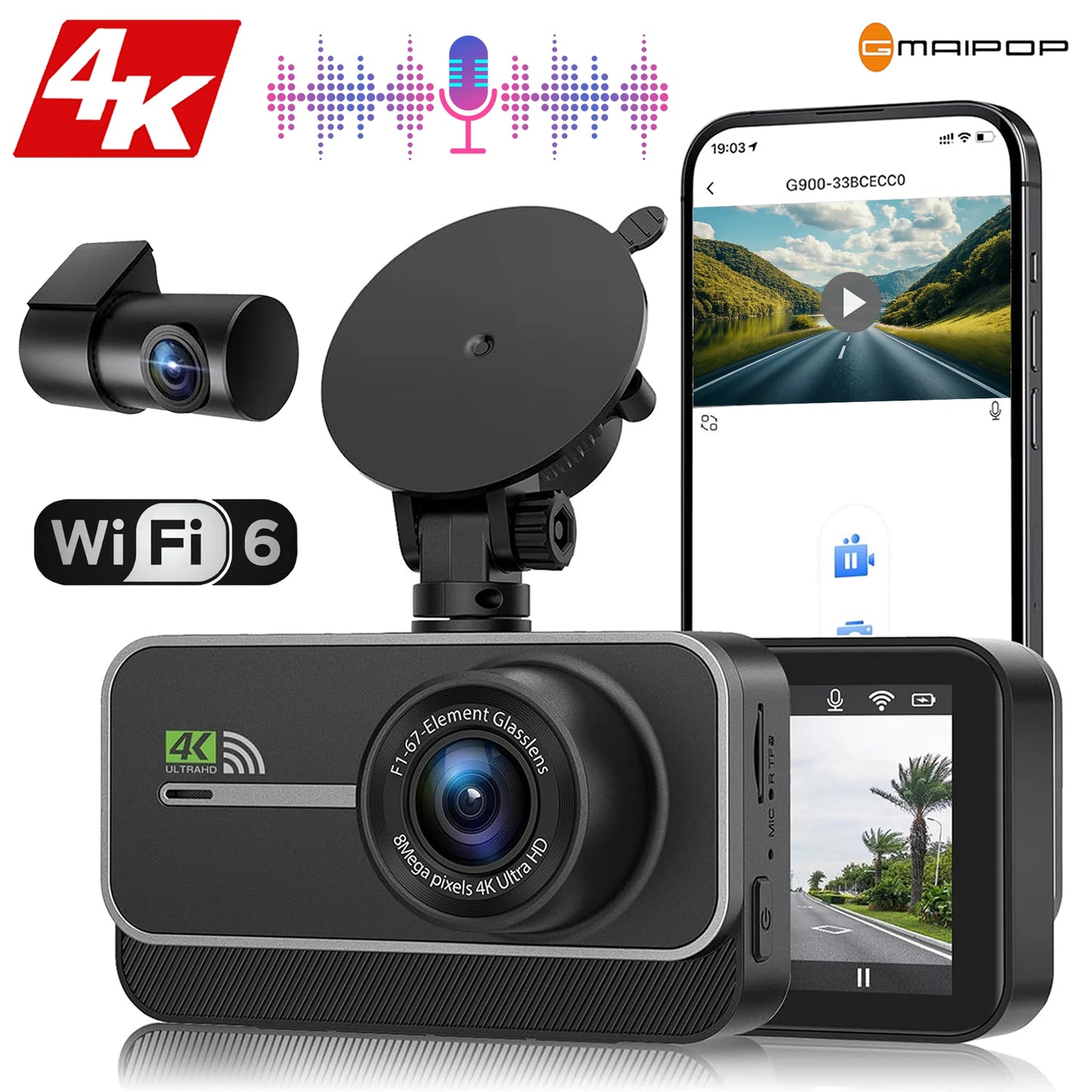 Dash Cam for Cars Car Camera Dash Cam 4K WIFI Camera for Car Front and Rear Dash Camera Black Box 24H Parking Mode Recorder