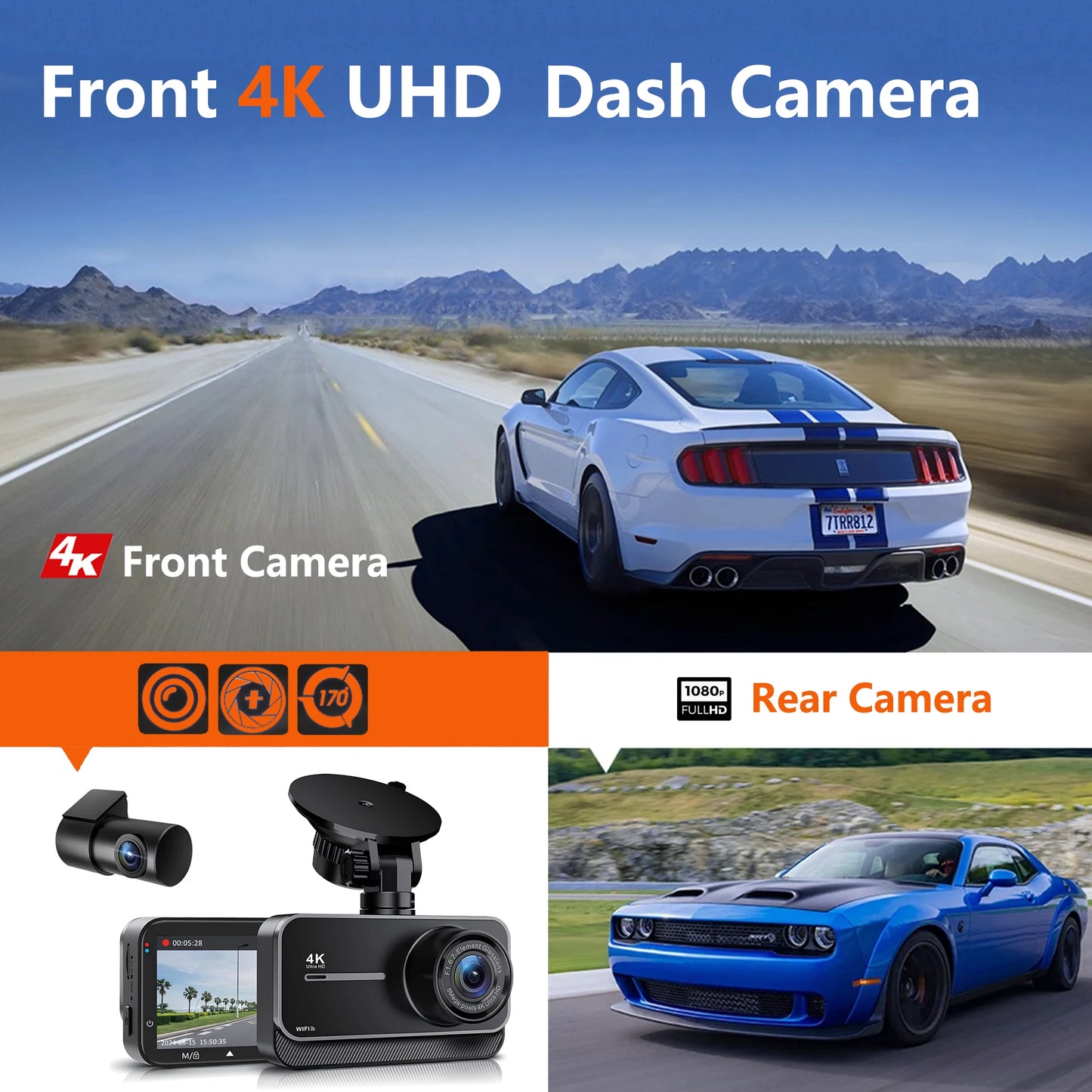 Dash Cam for Cars Car Camera Dash Cam 4K WIFI Camera for Car Front and Rear Dash Camera Black Box 24H Parking Mode Recorder
