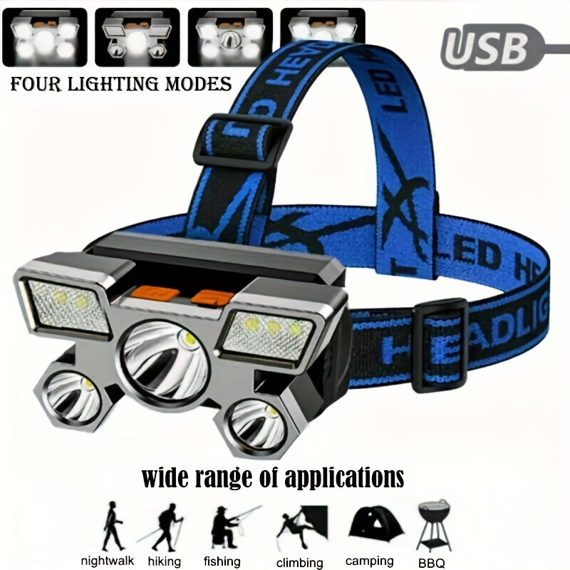 Dericam USB Rechargeable Headlamp Portable 5LED Headlight.